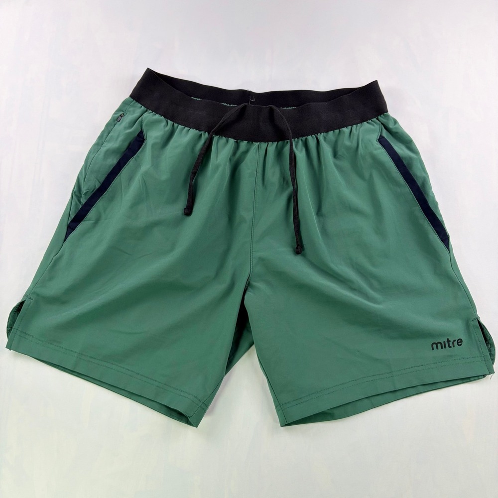 Mitre Performance Athletic Shorts Mens Medium Green Black Zipper Pockets Soccer